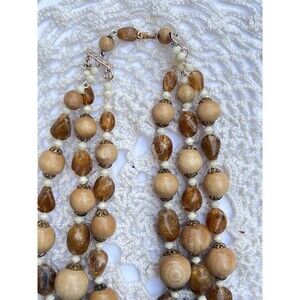 Vintage stamped West Germany 3-Strand Necklace Wood & Amber Lucite Mid-Century